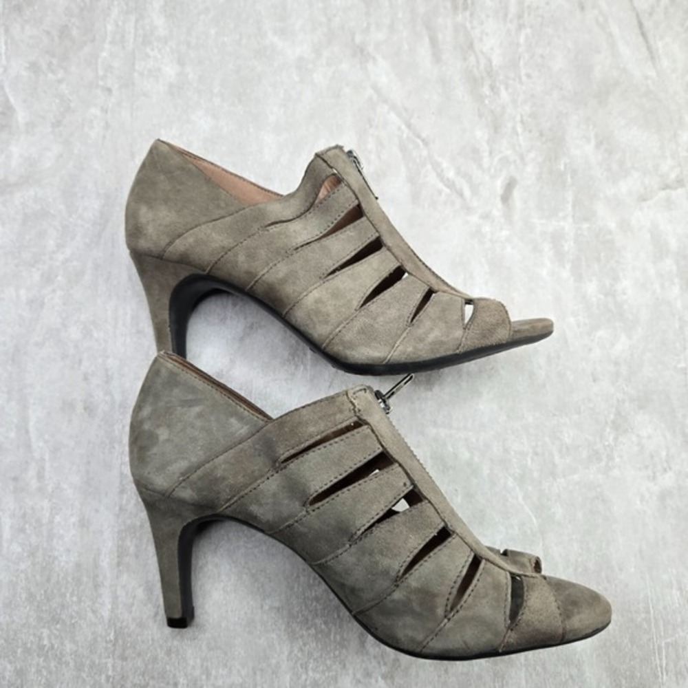 Aerosoles Peep Toe Ankle Bootie Sz 7.5 Dark Green Suede Strappy Heeled Shoe Boot - Picture 6 of 12